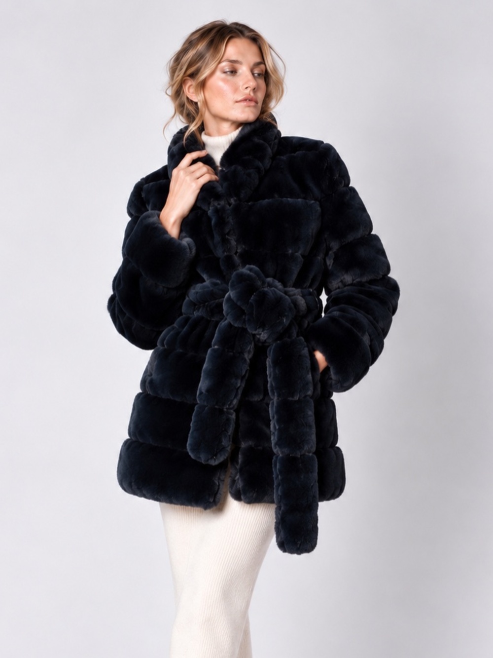 Donna Salyers Fabulous Furs Posh Quilted Faux Fur Belted Jacket XS Navy